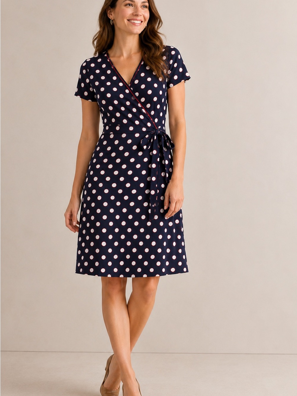 Boden Navy Polka Dot Wrap Dress Short Sleeve Faux Wrap Tie Waist US 8